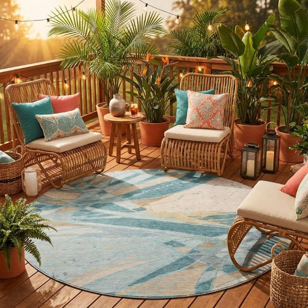 8 Ft Round Abstract Polyester Area Rug Stain Resistant Teal Silver Indoor Outdoor