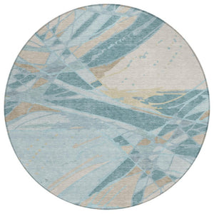 HomeRoots 8 Ft Round Abstract Polyester Area Rug Stain Resistant Teal Silver Indoor Outdoor 745153