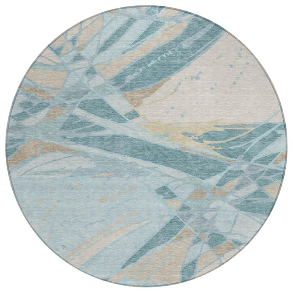 HomeRoots 8 Ft Round Abstract Polyester Area Rug Stain Resistant Teal Silver Indoor Outdoor 745153