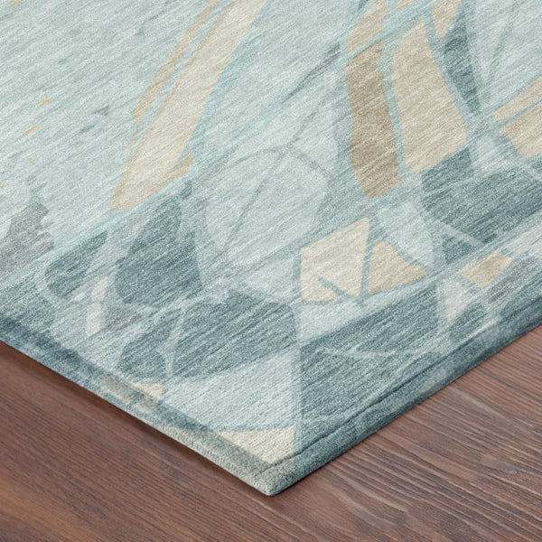 8 Ft Round Abstract Polyester Area Rug Stain Resistant Teal Silver Indoor Outdoor