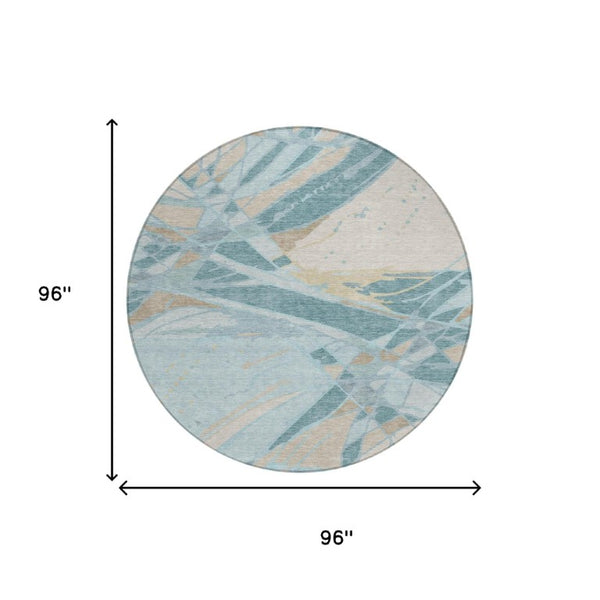 8 Ft Round Abstract Polyester Area Rug Stain Resistant Teal Silver Indoor Outdoor