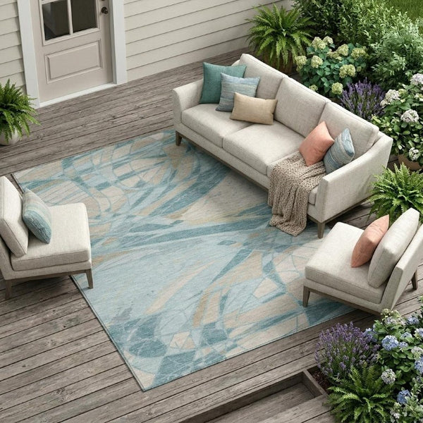 10 X 14 Teal Silver Abstract Polyester Area Rug Washable for Patio or Living Room