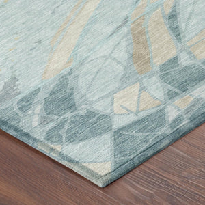 10 X 14 Teal Silver Abstract Polyester Area Rug Washable for Patio or Living Room