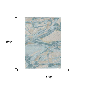 10 X 14 Teal Silver Abstract Polyester Area Rug Washable for Patio or Living Room