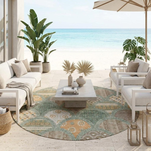 8 Foot Round Geometric Polyester Area Rug Stain Resistant Indoor Outdoor Green