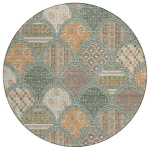 HomeRoots 8 Foot Round Geometric Polyester Area Rug Stain Resistant Indoor Outdoor Green 745165