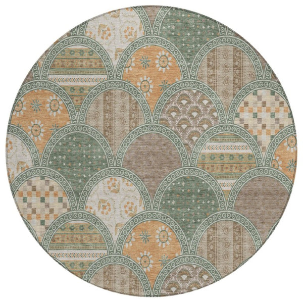 HomeRoots 8 Foot Round Geometric Polyester Area Rug Stain Resistant Indoor Outdoor Green 745165