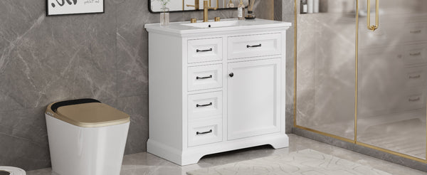 English Elm 36-Inch Modern Bathroom Vanity with Ceramic Basin, 4 Drawers & Soft-Close Door, Pre-Drilled Faucet Ready, Durable MDF and Solid Wood Construction (36"L x 18.3"W x 33.4"H) White N725P296118K