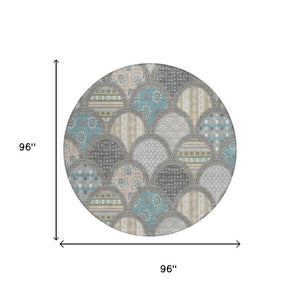 8 Foot Round Geometric Polyester Area Rug in Gray Silver for Indoor Outdoor Use