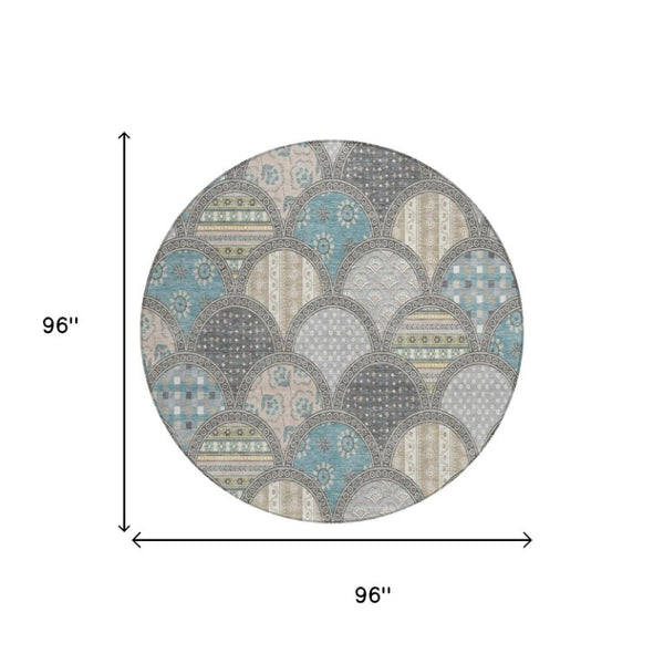 8 Foot Round Geometric Polyester Area Rug in Gray Silver for Indoor Outdoor Use