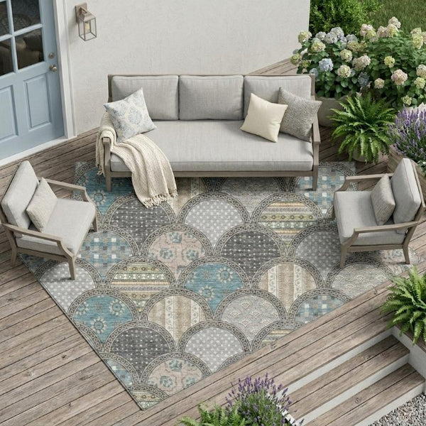 9x12 Gray Silver Geometric Polyester Area Rug Washable for Indoor Outdoor Spaces