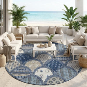 8 Foot Round Geometric Polyester Area Rug Washable Stain Resistant Indoor Outdoor Navy