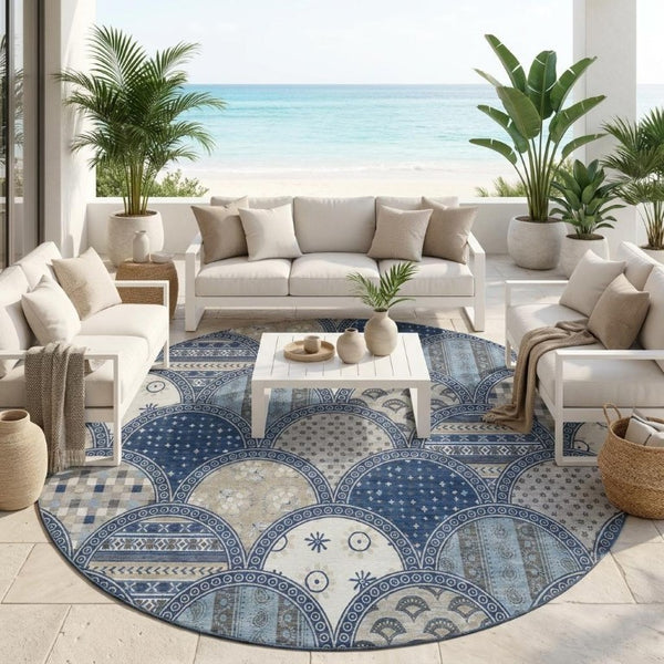 8 Foot Round Geometric Polyester Area Rug Washable Stain Resistant Indoor Outdoor Navy