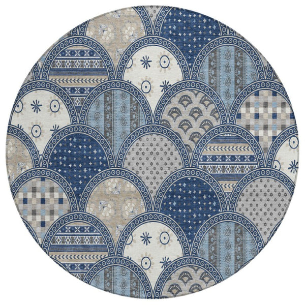 HomeRoots 8 Foot Round Geometric Polyester Area Rug Washable Stain Resistant Indoor Outdoor Navy 745189