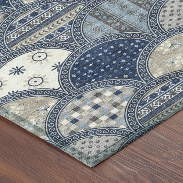 8 Foot Round Geometric Polyester Area Rug Washable Stain Resistant Indoor Outdoor Navy