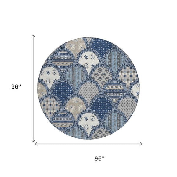 8 Foot Round Geometric Polyester Area Rug Washable Stain Resistant Indoor Outdoor Navy