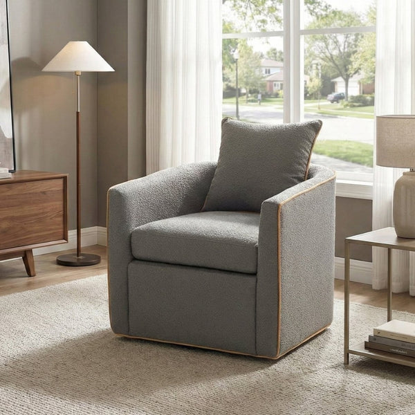 English Elm Swivel Barrel Accent Chair Boucle Upholstered with 360 Base for Living Room Corners Light Grey N763P376127E