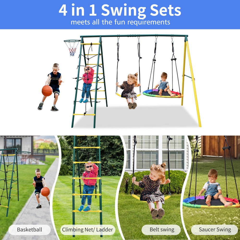 English Elm 4 in 1 Kids Outdoor Swing Set Steel A-frame with Climbing Net and Basketball Hoop W1408P169751