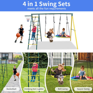 English Elm 4 in 1 Kids Outdoor Swing Set Steel A-frame with Climbing Net and Basketball Hoop W1408P169751