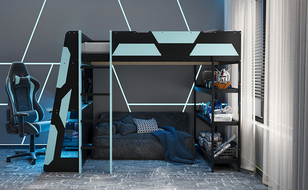 English Elm Full Size Gaming Loft Bed with Led Lighting Desk Shelves and Usb Charging Ports Black+Blue N820S00076C