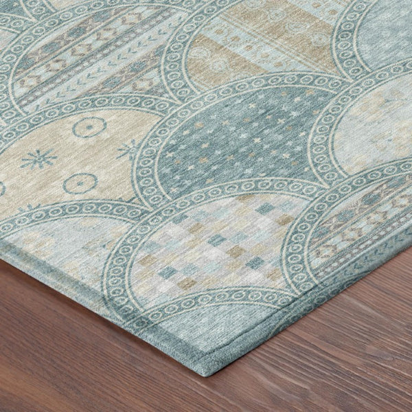 8 X 10 Geometric Polyester Area Rug Teal Silver Washable for Indoor Outdoor Use
