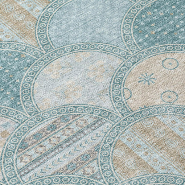 8 X 10 Geometric Polyester Area Rug Teal Silver Washable for Indoor Outdoor Use