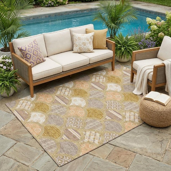 5 X 8 Walnut Gold Geometric Polyester Area Rug Washable for Indoor Outdoor Use