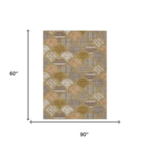 5 X 8 Walnut Gold Geometric Polyester Area Rug Washable for Indoor Outdoor Use