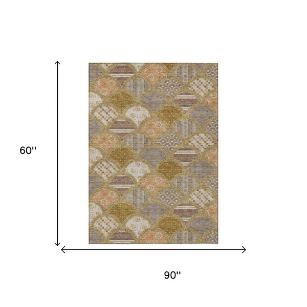 5 X 8 Walnut Gold Geometric Polyester Area Rug Washable for Indoor Outdoor Use