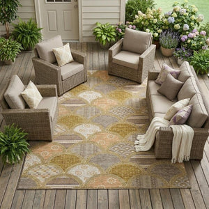 10 X 14 Walnut Gold Geometric Polyester Area Rug Washable Stain Resistant Patio