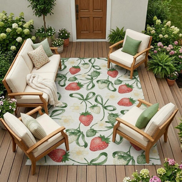 10 Ft X 14 Ft Ivory Floral Polyester Area Rug Washable for Patio or Living Room