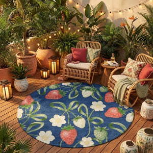 8 Foot Round Floral Polyester Area Rug Washable Indoor Outdoor Navy Blue Design
