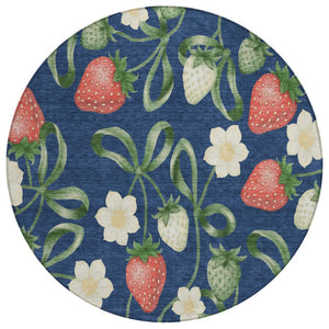 HomeRoots 8 Foot Round Floral Polyester Area Rug Washable Indoor Outdoor Navy Blue Design 745243