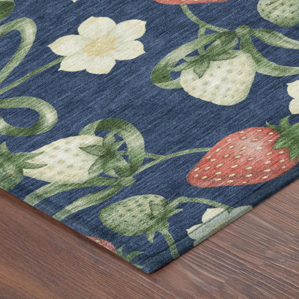 8 Foot Round Floral Polyester Area Rug Washable Indoor Outdoor Navy Blue Design