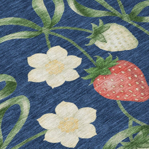 8 Foot Round Floral Polyester Area Rug Washable Indoor Outdoor Navy Blue Design