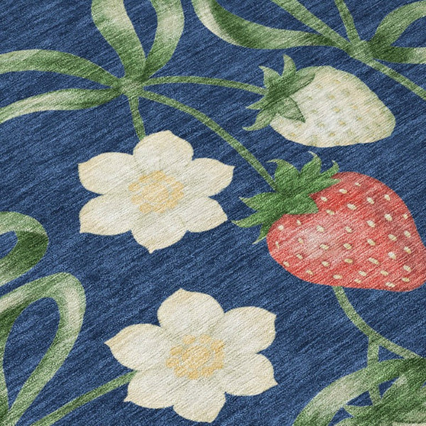 8 Foot Round Floral Polyester Area Rug Washable Indoor Outdoor Navy Blue Design