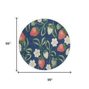 8 Foot Round Floral Polyester Area Rug Washable Indoor Outdoor Navy Blue Design