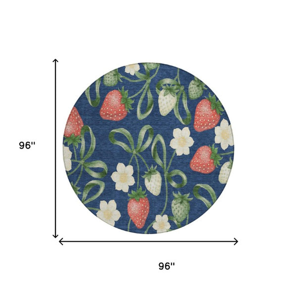8 Foot Round Floral Polyester Area Rug Washable Indoor Outdoor Navy Blue Design