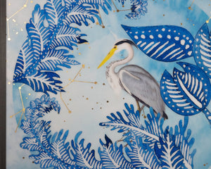 Sunpan BLUE HERON - Luxe Coastal Art with Gold Leaf, Charcoal Frame - 48" x 48" Modern Elegance for Home A0312