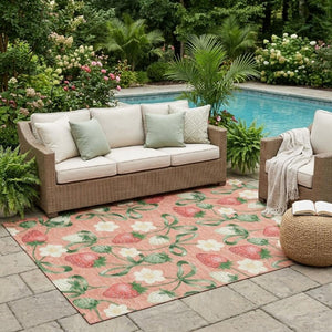 5 X 8 Salmon Floral Polyester Area Rug Washable Stain Resistant Indoor Outdoor