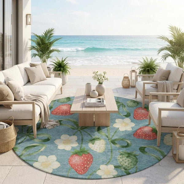 8 Ft Round Floral Polyester Rug Teal Green Washable Stain Resistant Indoor Outdoor