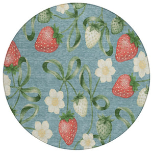 HomeRoots 8 Ft Round Floral Polyester Rug Teal Green Washable Stain Resistant Indoor Outdoor 745261