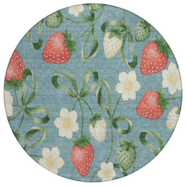 HomeRoots 8 Ft Round Floral Polyester Rug Teal Green Washable Stain Resistant Indoor Outdoor 745261