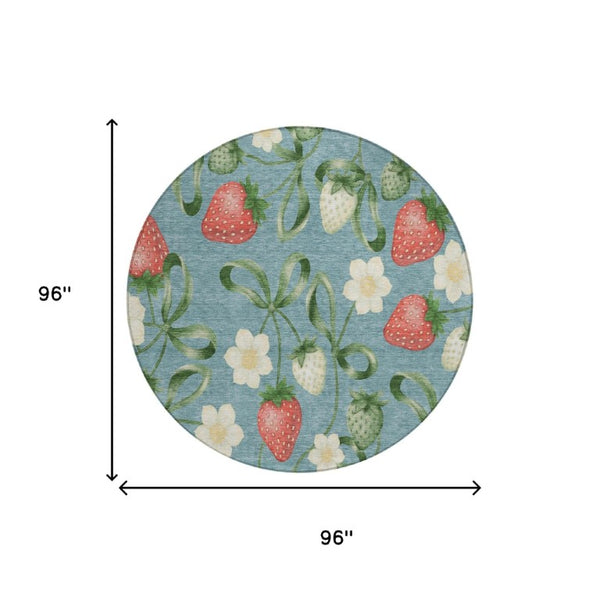 8 Ft Round Floral Polyester Rug Teal Green Washable Stain Resistant Indoor Outdoor