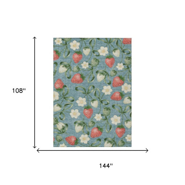 9 X 12 Teal Floral Polyester Area Rug Washable Stain Resistant for Patio or Living Room