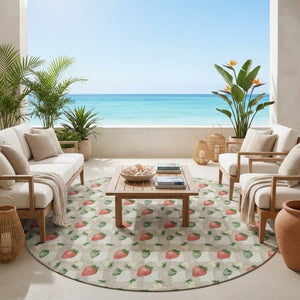 8 Ft Round Floral Polyester Area Rug Stain Resistant Indoor Outdoor Ivory Beige