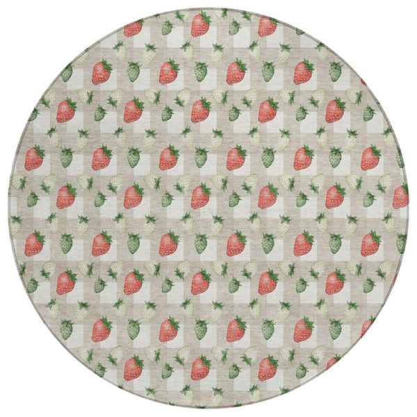 HomeRoots 8 Ft Round Floral Polyester Area Rug Stain Resistant Indoor Outdoor Ivory Beige 745285