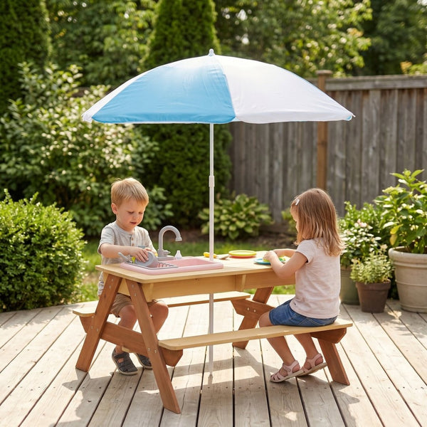 English Elm Wooden Cedar Kids Activity Table with Shade Umbrella for Backyard Sand and Water Play W2640P454242