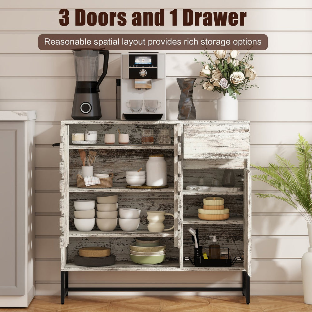 English Elm 44.3"Farmhouse Rustic Sideboard Cabinet with Arched Lattice Doors, Drawer & Open Shelves, White Vintage W2977P338333