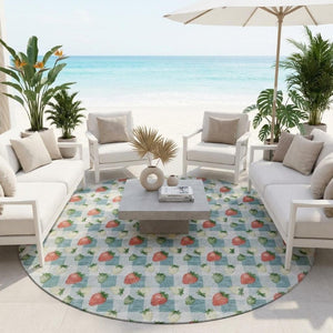 8 Foot Round Floral Polyester Area Rug Teal Silver Washable Indoor Outdoor Patio